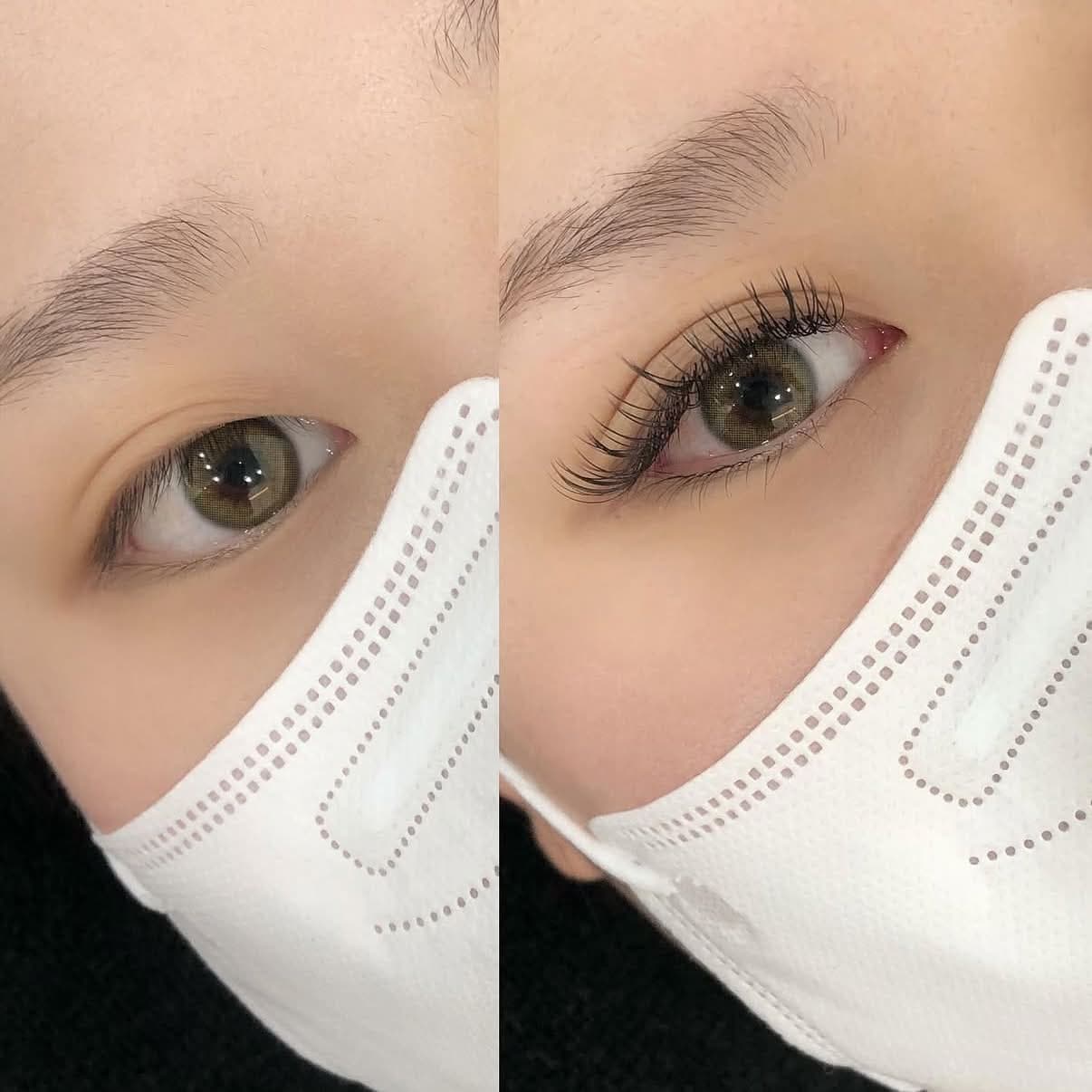 Before and after a classic lash set: short, sparse natural lashes on the left, longer curled extensions on the right.
