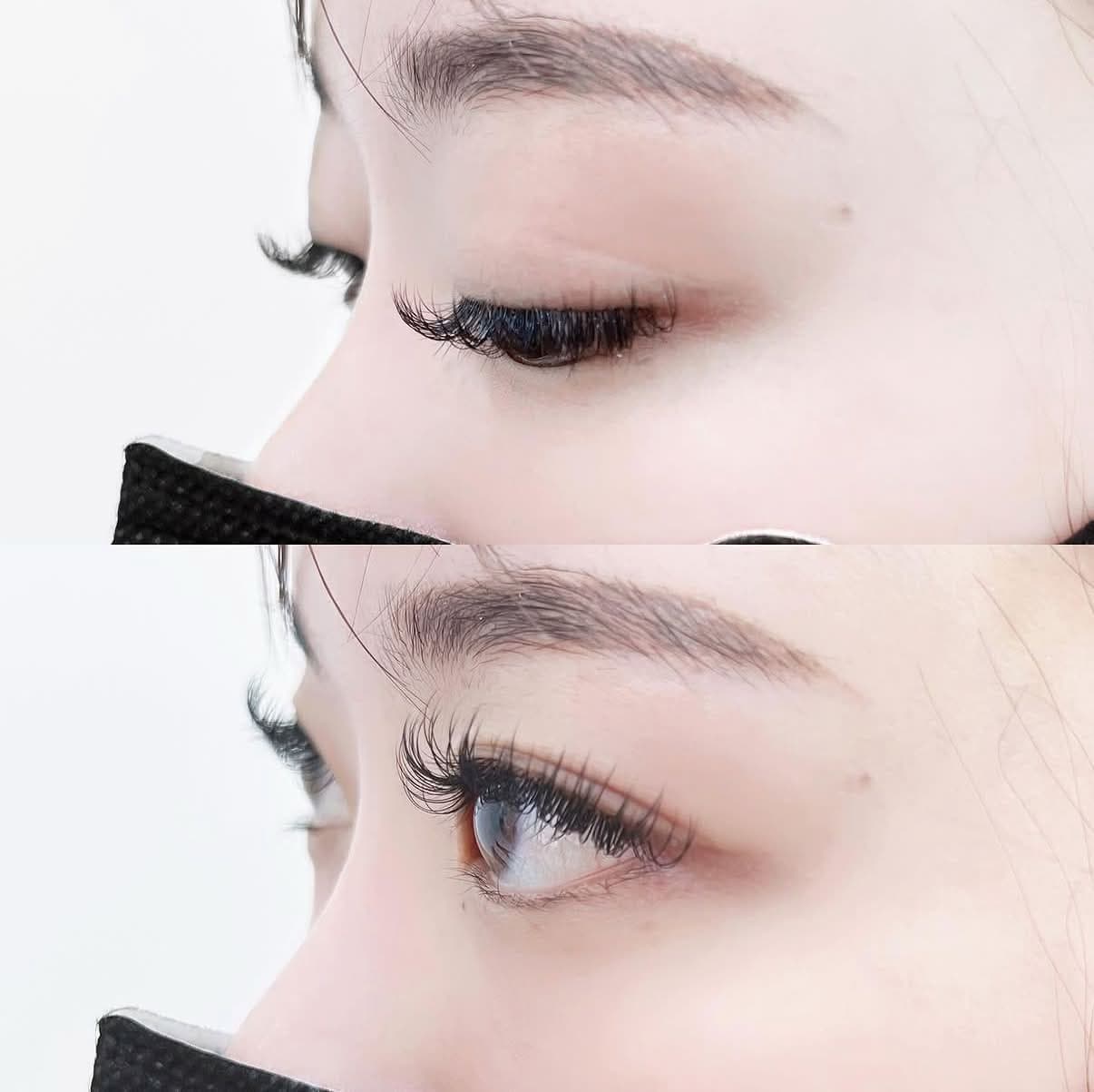 Side view of a full, curled classic lash set, shown with the eye closed and then open.