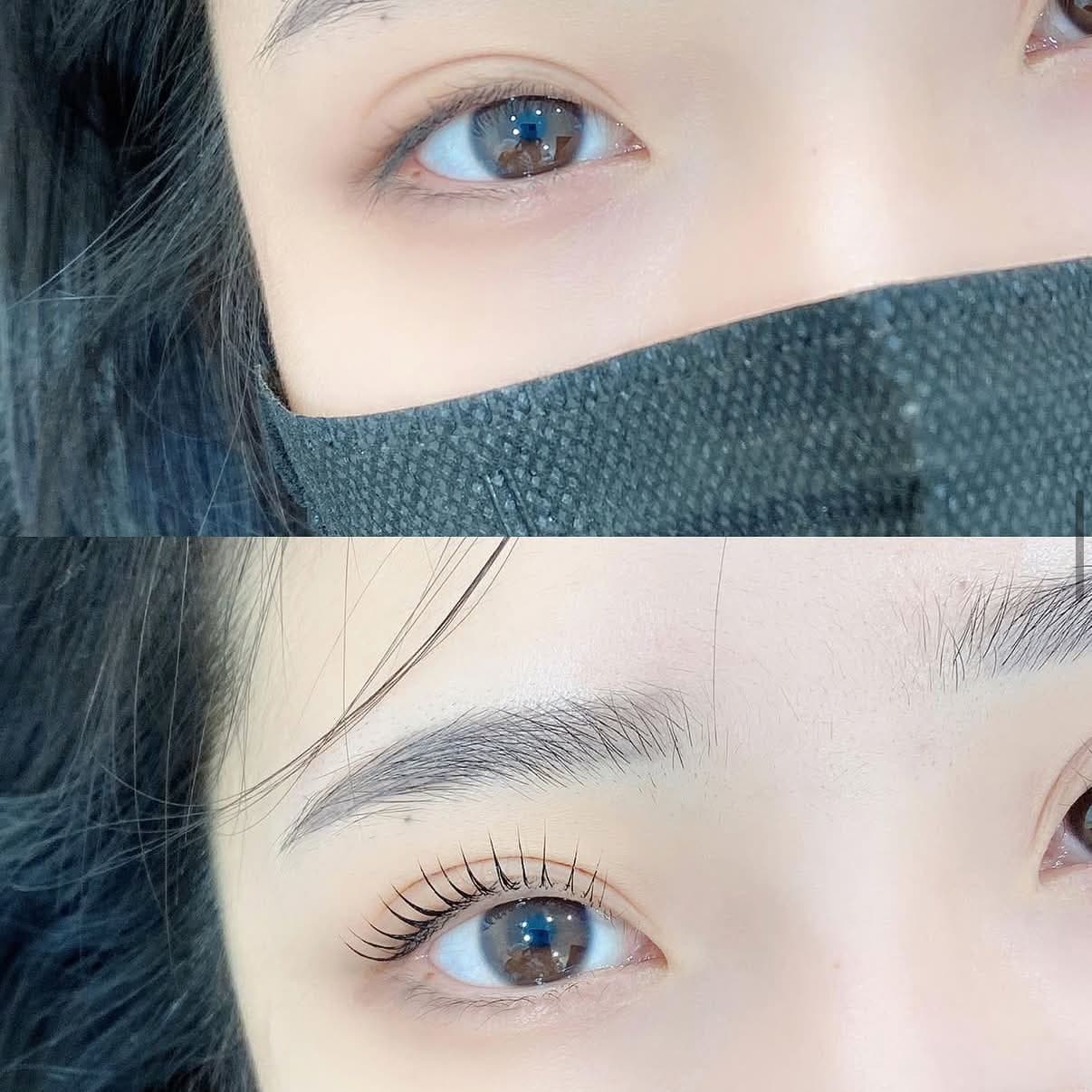 Before and after a lash lift: straight natural lashes on top, lifted and curled lashes below.